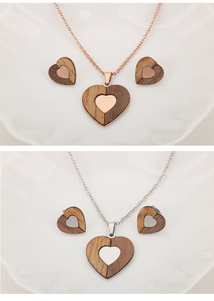 fashion titanium steel wooden heart-shaped earrings necklace set wholesale Nihaojewelry