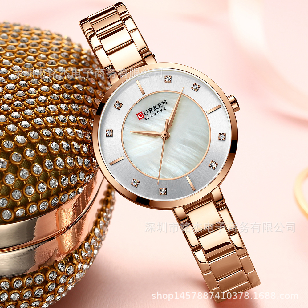 カーレン9051カジュアルレディーススチールベルト腕时计シンプルなファッションレディース防水クォーツ时计レディース时计