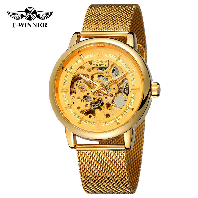 Ganador reloj mecánico automático de los hombres moda hueco transparente Fondo volante Acero inoxidable malla cinturón reloj mecánico B099