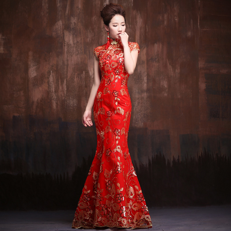 thumbnail image 2 of Vestido de novia para brindis de boda, cheongsam rojo de bienvenida, cola de pez, vestido de coro para actuación en el escenario, vestido de etiqueta largo, 2 of 6
