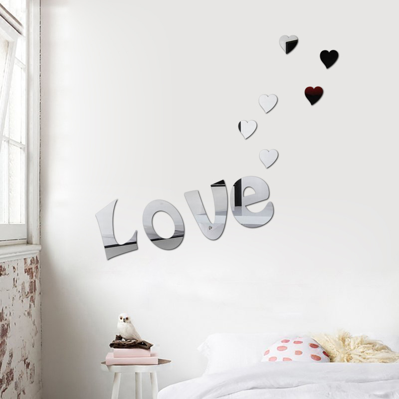 Decorazione per la casa in acrilico, adesivo da parete con specchio a forma di cuore LOVE 3D stereo, vendita diretta in fabbrica_voghion.com