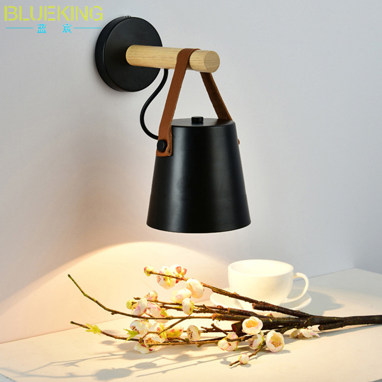 现代简约卧室实木皮带壁灯 床头过道走廊木制马卡龙木质壁灯