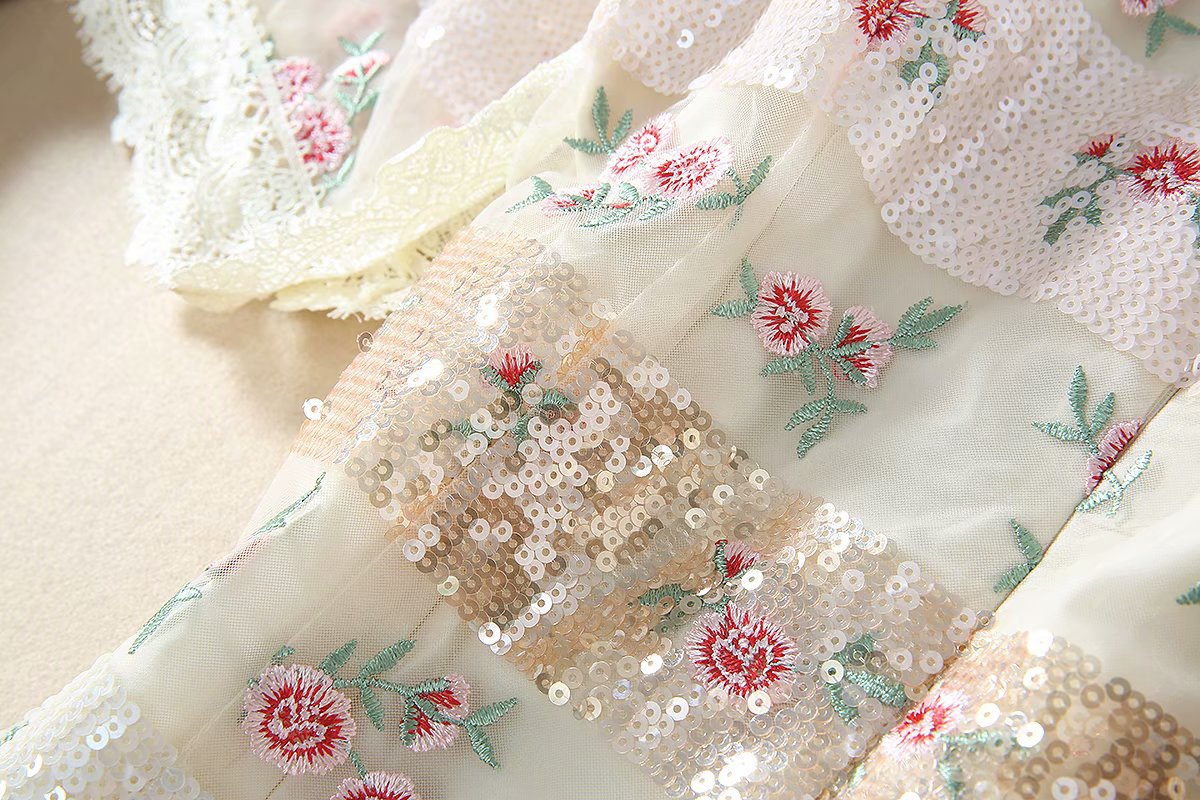 1219-05 珠片绣小花连衣裙码数SMLXL颜色蓝色杏粉色