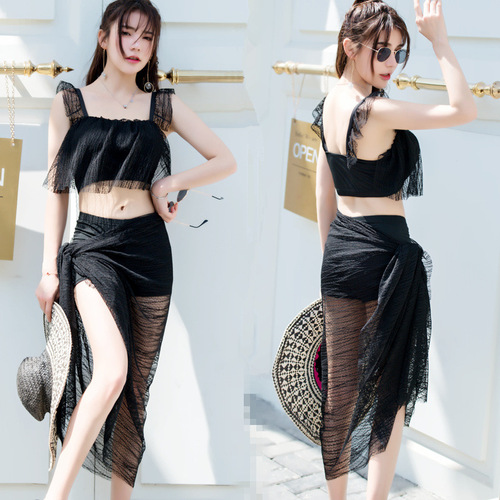 Sexy bikini swimsuit solid color split bikini three-piece suit with Juyue Dong silk veil women's swimsuit