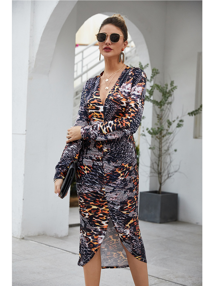 leopard print long-sleeved printing casual dress NSAL10196