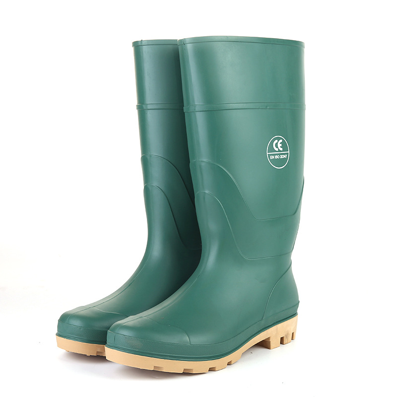 802绿色棕底 PVC劳保鞋工业防护鞋直筒防水防滑耐磨雨鞋防汛雨鞋