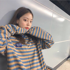 現物2019韓国chi秋装百合縞長袖tシャツゆるいジャケット原宿風学生シャツ