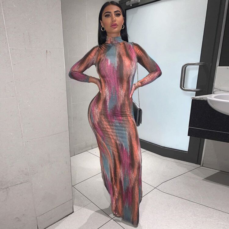 Long Sleeve Tie Dye High Neck Bodycon Dress NSHTL67342