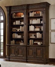 家具实木书柜书房复古做旧雕花带梯子书橱展示柜四门储物柜实木柜