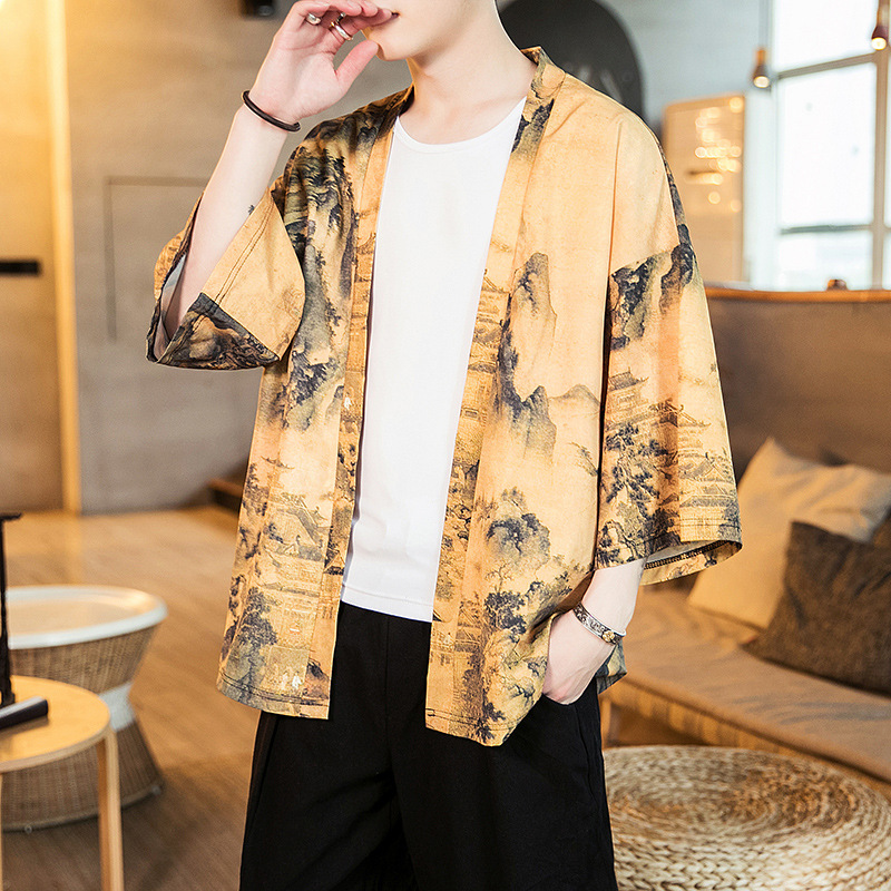 2019 verano nuevo estilo chino gabardina de los hombres retro juventud kimono cardigan tendencia capa de los hombres al por mayor