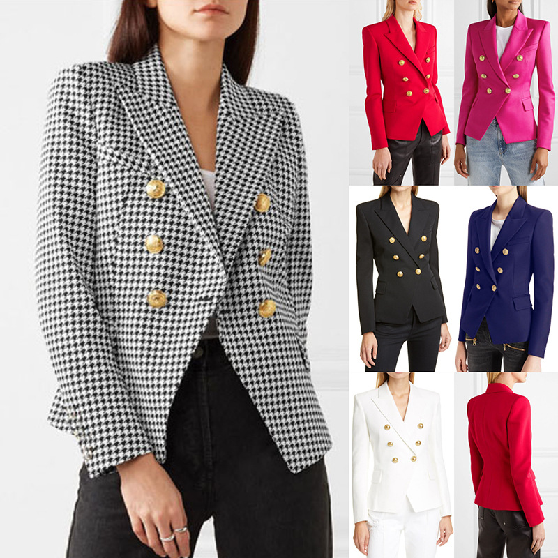 Women's coat autumn and winter small suit houndstooth suit fashion short double-breasted coat._voghion.com