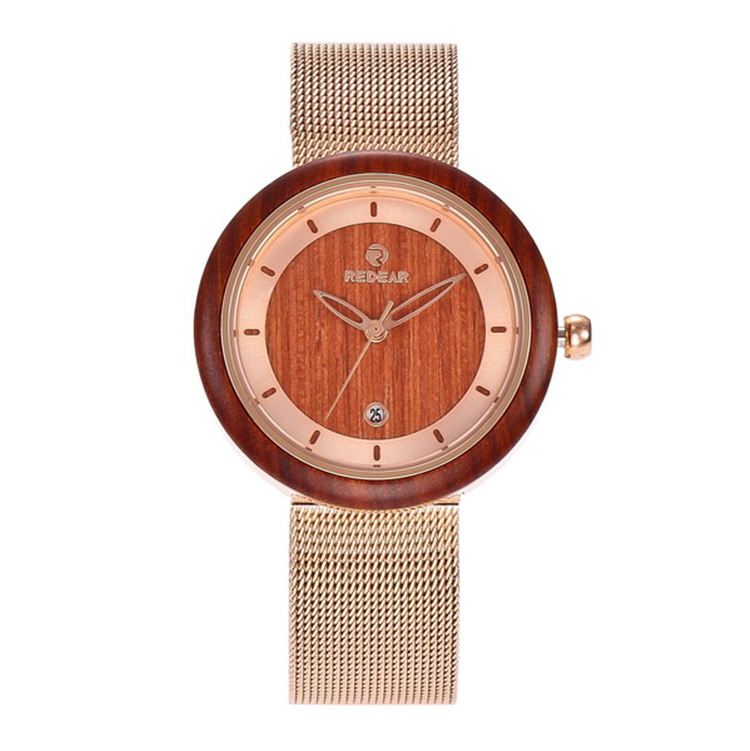 REDEAR防水女表时尚潮流不锈钢间木石英手表日本跨境小三针日历表