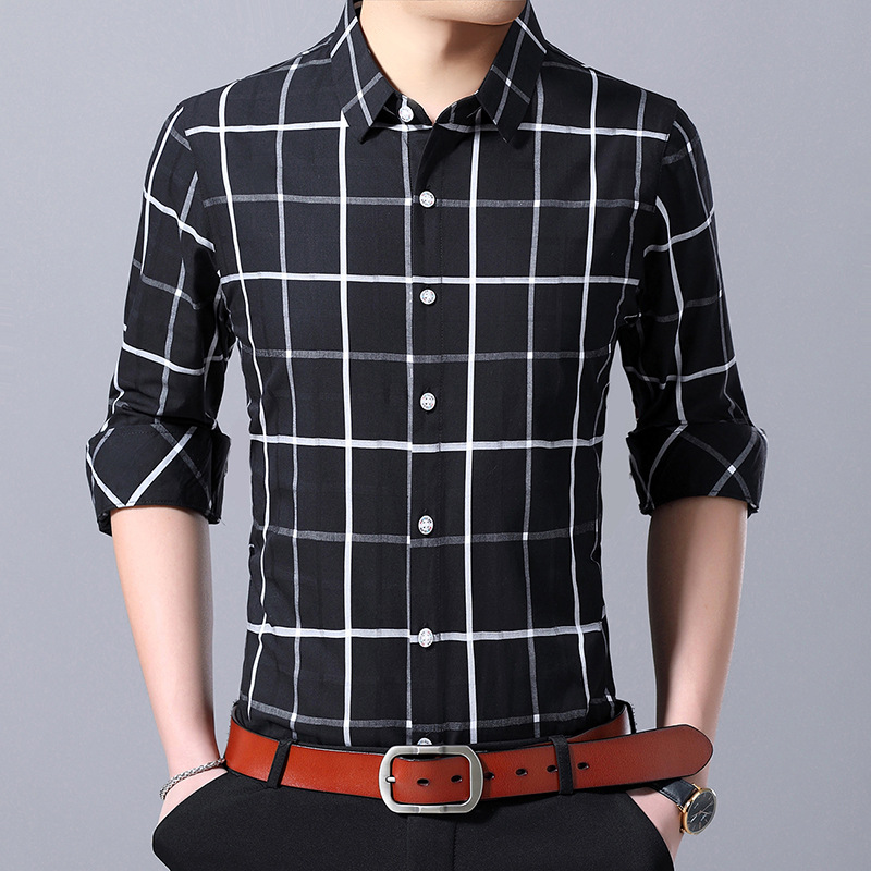 留意2020秋季新款品牌男装 格纹提花男式翻领长袖衬衫 休闲衬衫男