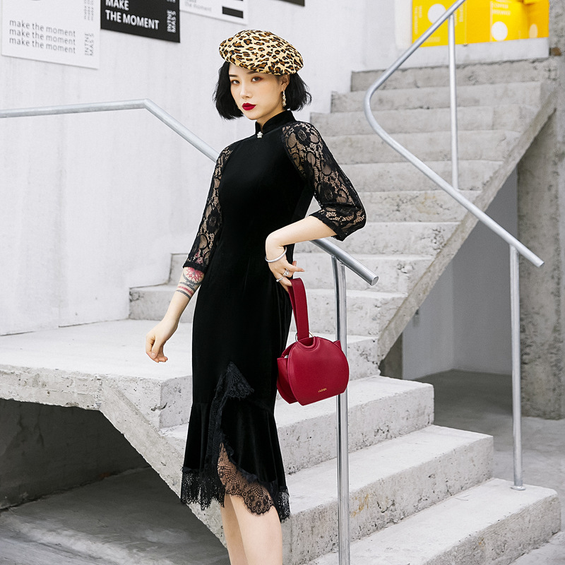 2020秋冬改良旗袍新式少女连衣裙日常鱼尾金丝绒七分袖复古旗袍