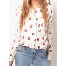eBay速卖通wish爆款2019欧美女装翻领长袖红唇印花雪纺衫衬衫