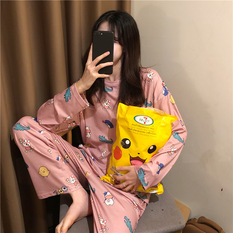 Pijamas de dibujos animados al por mayor para mujer, conjunto de pijama de primavera y otoño con cuello redondo, manga larga y pantalones largos, conjunto de ropa de estar para chicas pequeñas