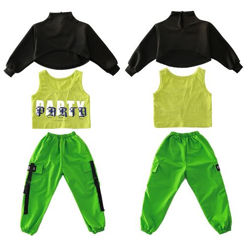 Green Cargo pants hiphop costumes for girls Jazz dance hip-hop clothing children girls hip-hop 3pieces in one set performance costumes girl children