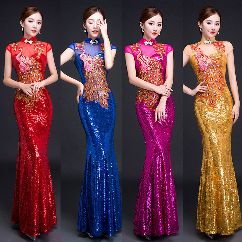 Evening Dresses cocktail party banquet dress vestido de banquete de cctel  Catwalk show cheongsam Hip Wrap evening dress fishtail long Sequin banquet