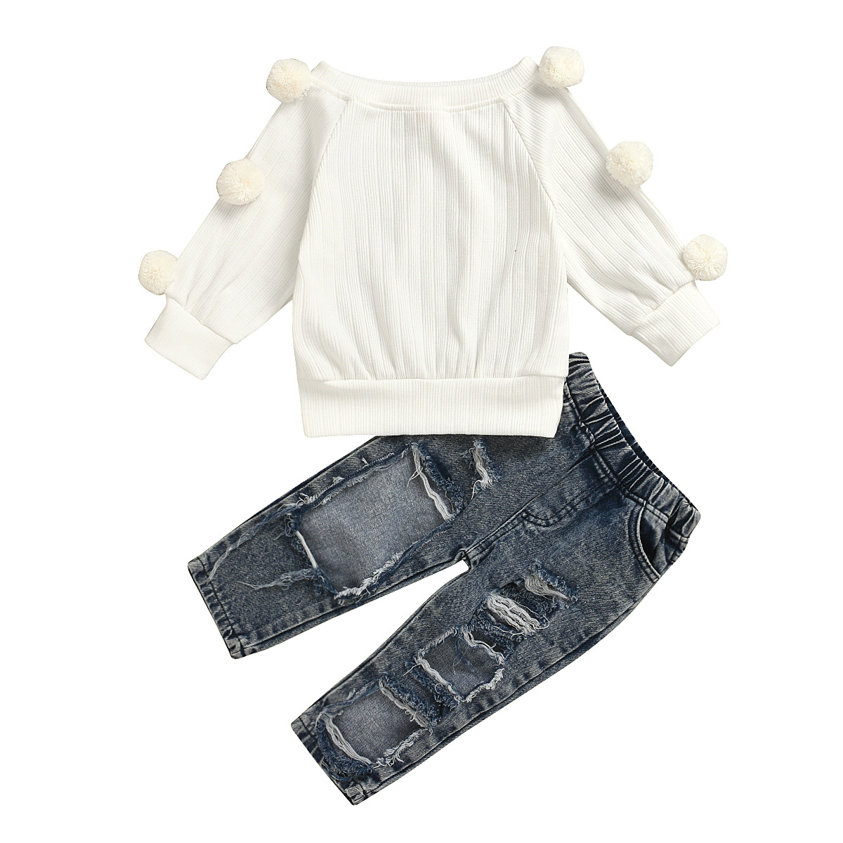 2024 Ragazze Autunno/Inverno Nuovo Cotone Pit Strip Maglia Lana Ball Top + Pantaloni Cowboy Traforati Set_voghion.com