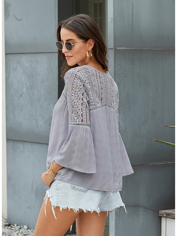 women s V-neck long-sleeved crochet printing loose single-breasted shirt nihaostyles clothing wholesale NSQSY78352