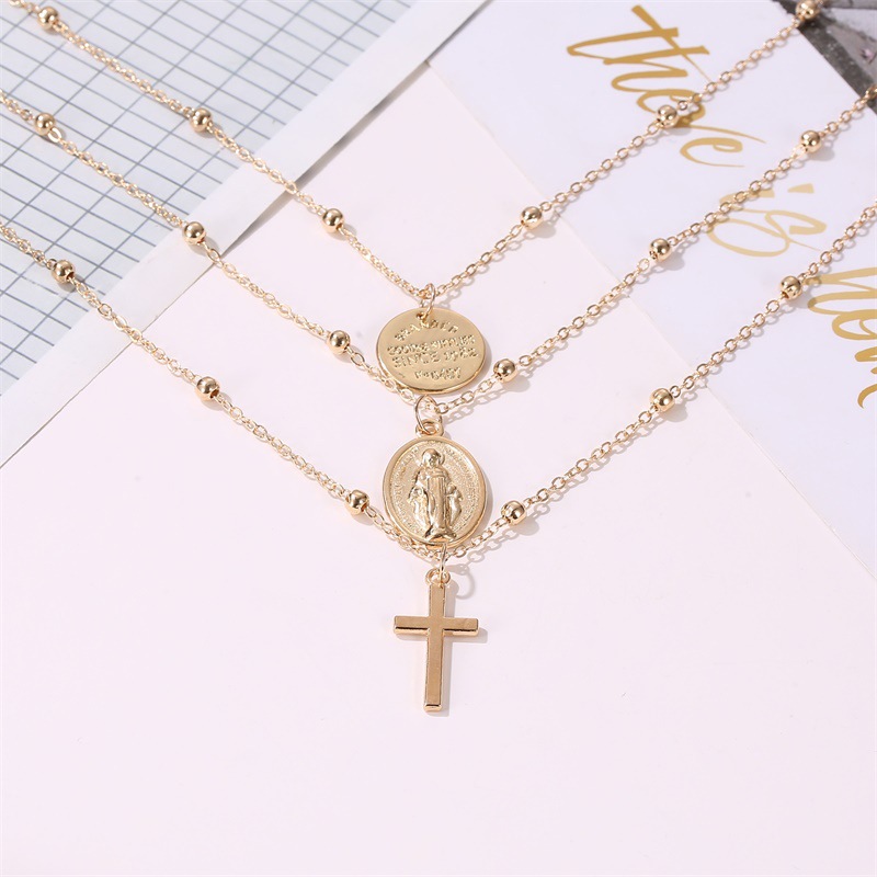 Best-seller En Europe Et En Amérique Du Collier De Mode Multi-couche Croix Collier En Métal Trois-couche Lettre Christian Jésus Pendentif display picture 4