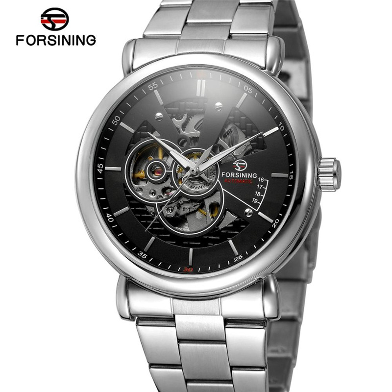 Forsining Fusini cinturón de acero casual reloj mecánico automático transparente hueco impermeable reloj 726