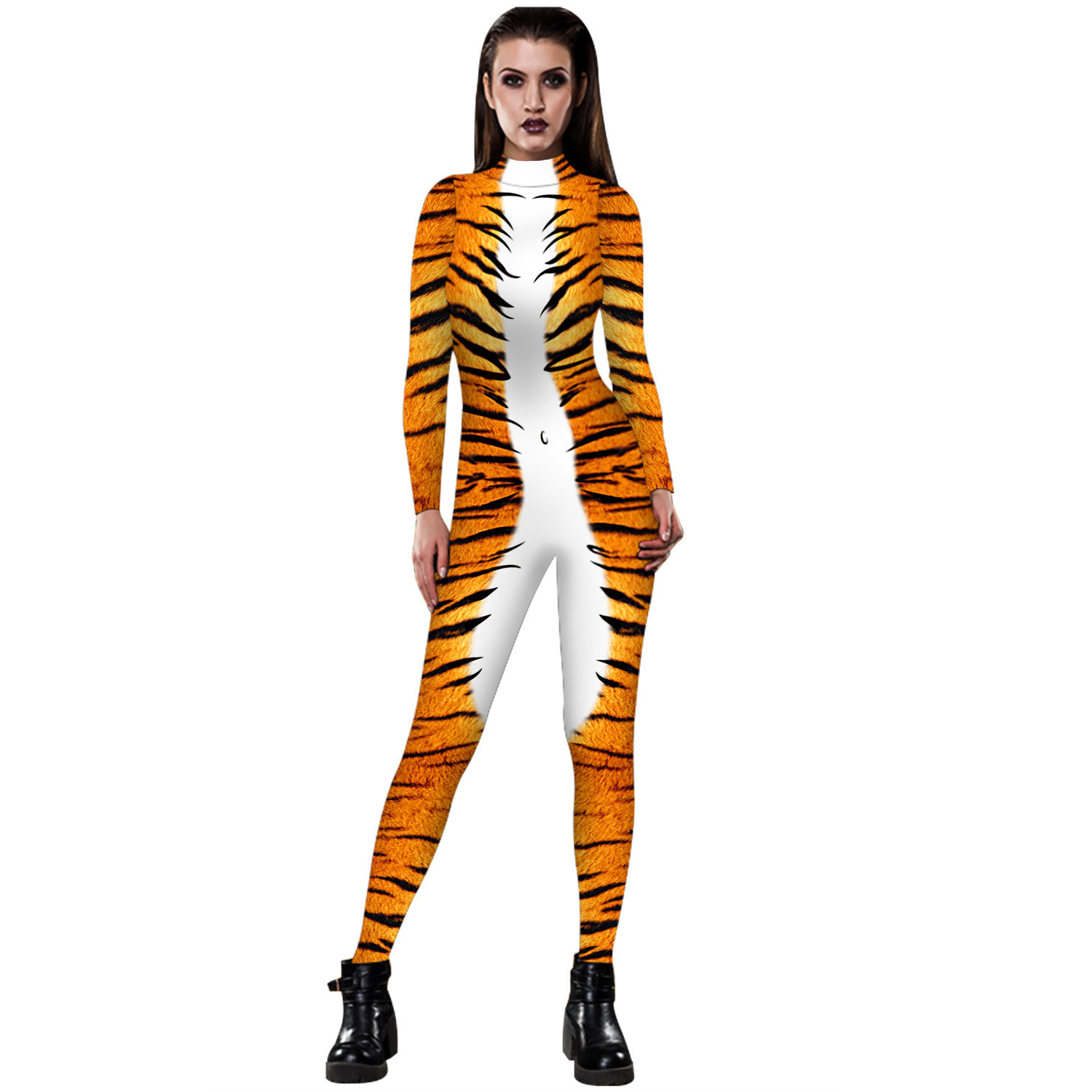 Woman Long Sleeve Jumpsuit Tiger Stripes Printed High Neck Romper S-XL ...
