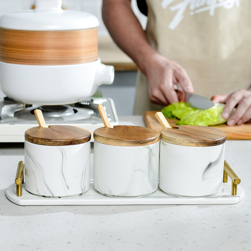 Simple marbling cerámica cocina suministros condimento tarro redondo nórdico condimento tarro traje combinación hogar creativo