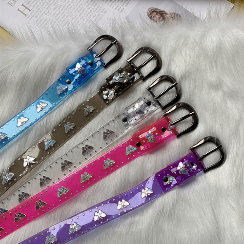 Transparent laser belt for women jelly belt for women plastic belt candy fluorescent butterfly decoration pvc thin belt