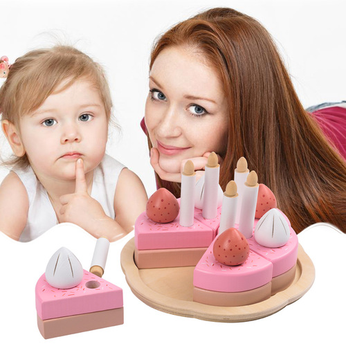 Children's Simulated Pink Birthday Cake Baby Play House Dessert Kitchen Cutout Wooden Educational Early Education Toy