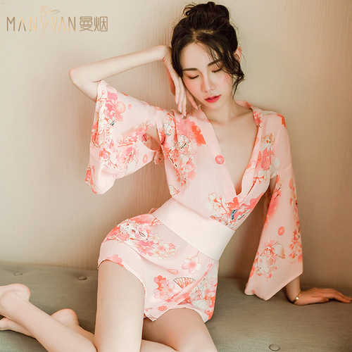 Manyan sexy lingerie women's Japanese sexy printed cat bow kimono bathrobe uniform suit dropshipping 9726