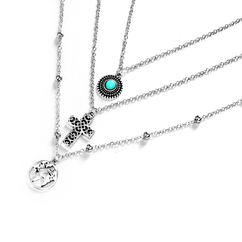 New Cross World Map Turquoise Combination Three-layer Necklace display picture 3