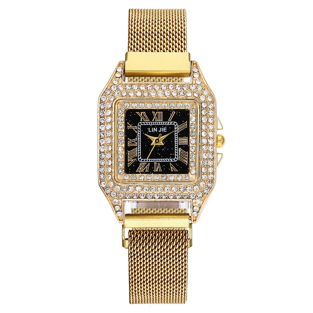 Suction Stone Magnet Mesh Watch Starry Diamond Rectangle Roman Scale Lady Bracelet Watch display picture 5