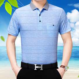 2019夏季新款中老年男装翻领宽松上衣 男士条纹商务休闲短袖T恤男