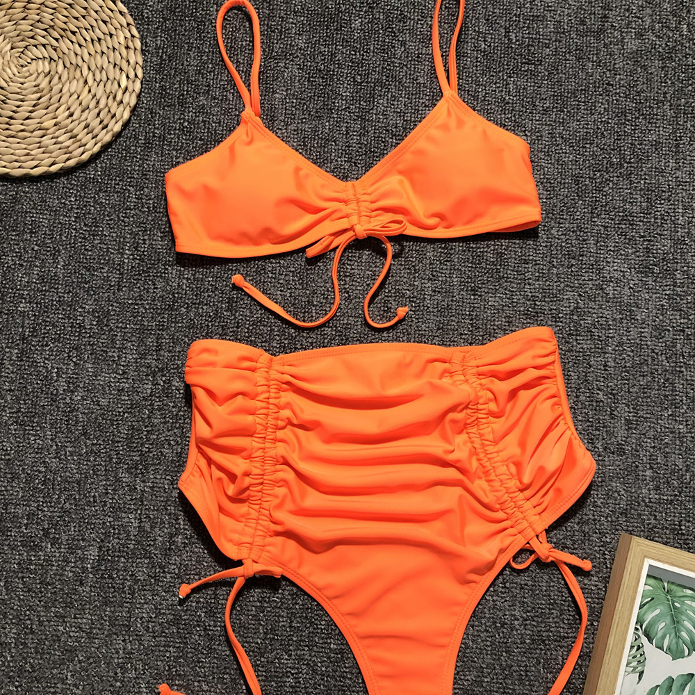 Bikini de cintura alta con tiras Traje de baño dividido para mujer Traje de baño de color sólido NSDA137