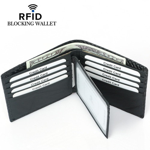 Cross-border exclusive carbon fiber pattern RFID wallet spliced ​​with multiple card slots large capacity European and American fashion short wallet for men