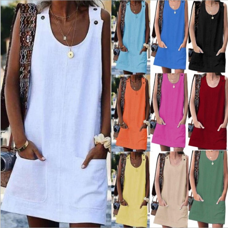 2019 European and American cross-border wish ebay summer new women's pocket button cotton and linen strap dress