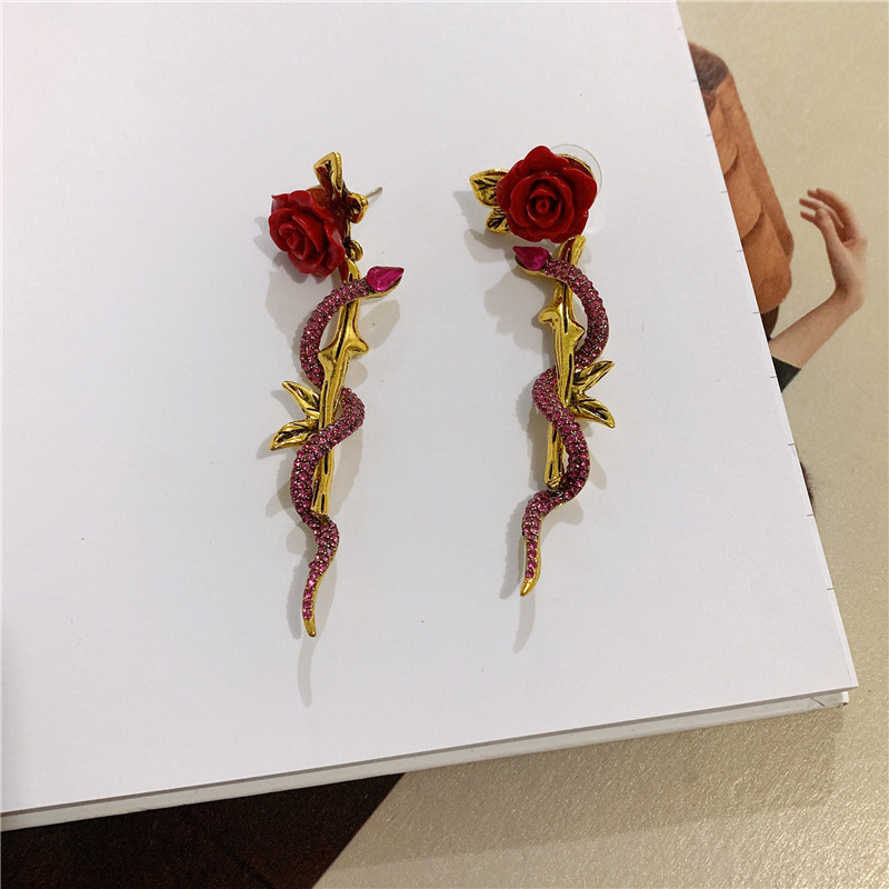 Earrings Retro Big Red Rose Flower Winding Pink Diamond Snake Body Exaggerated Earrings Women display picture 5