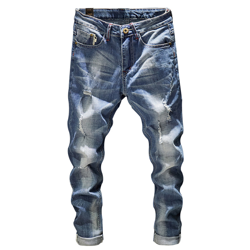 Elastic Jeans Youth Loose Light Color Big Hole Men's Scratched Beggar Slim Fit Feet Pants_voghion.com
