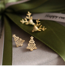 简约小巧圣诞树耳饰925银气质圣诞麋鹿耳环个性创意
