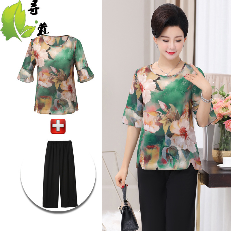 Mom outfit Summer two piece 40-50 middle age Short sleeved T-shirt jacket Middle and old age Women's wear Chiffon shirt suit