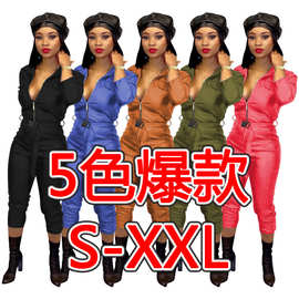 D9191亚马逊热卖欧美女装 休闲时尚纯色高弹力皮革连体裤(含腰带)