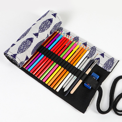 Creative Handmade Canvas Pen Sleeve for Sardine Fish 24/36/48/72 Hole Sketching Colored Pencil Lead Holder and Storage Case