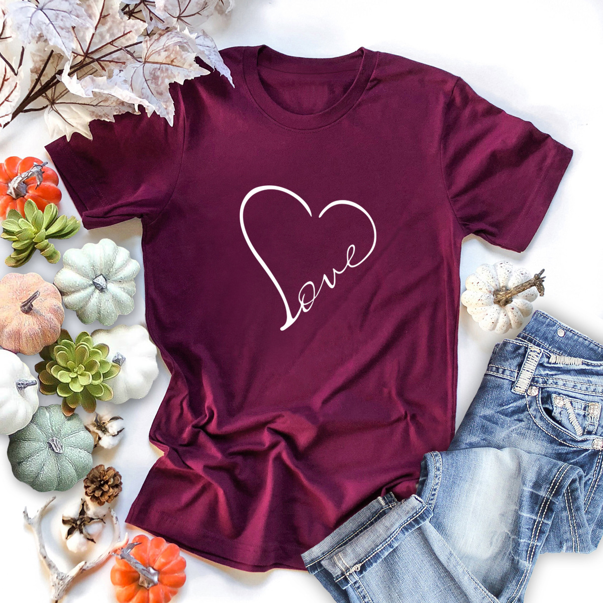   heart-shaped love printing short-sleeved T-shirt   NSSN3366