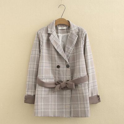大码女装韩版时尚格子西装外套宽松显瘦蝴蝶结绑带洋气上衣F1043