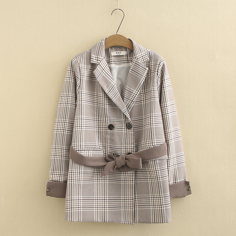 大码女装韩版时尚格子西装外套宽松显瘦蝴蝶结绑带洋气上衣F1043