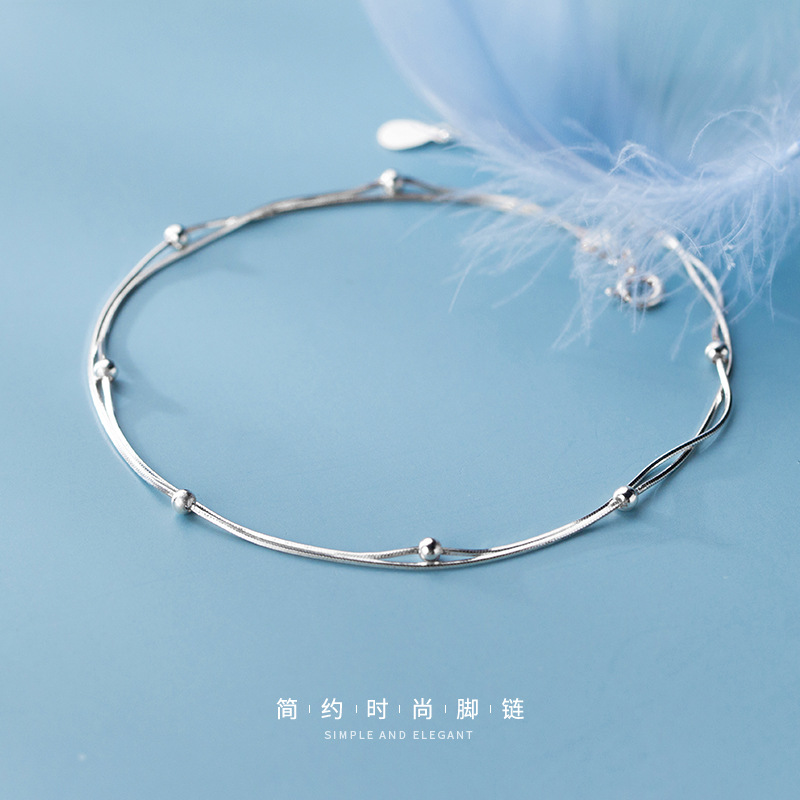 Eloch s925 plata correa de tobillas mujeres estilo coreano temperamento minimalista de doble capa de perlas de luz literatura y arte S3351 cadena de hueso de serpiente