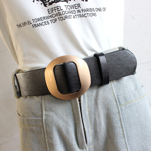 Korean style student bf style hole-free decorative wide belt for women round Japanese buckle non-hole casual pants belt one piece drop shipping
