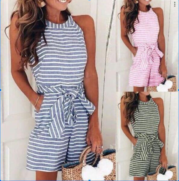 2019 Aliexpress Hot Sale 5 Colors Fashion Slim Lace-up Sexy Striped Round Neck One-piece Shorts
