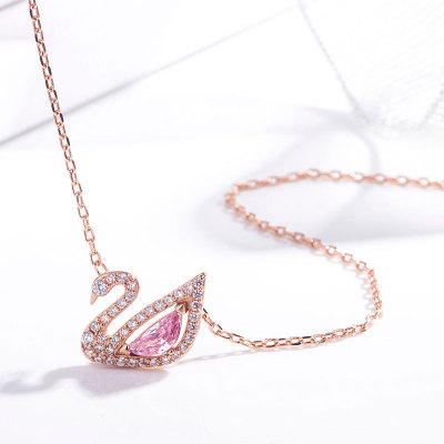 2019小紅書新款粉色小天鵝水晶項鏈韓版浪漫玫瑰金色粉鵝吊墜項鏈